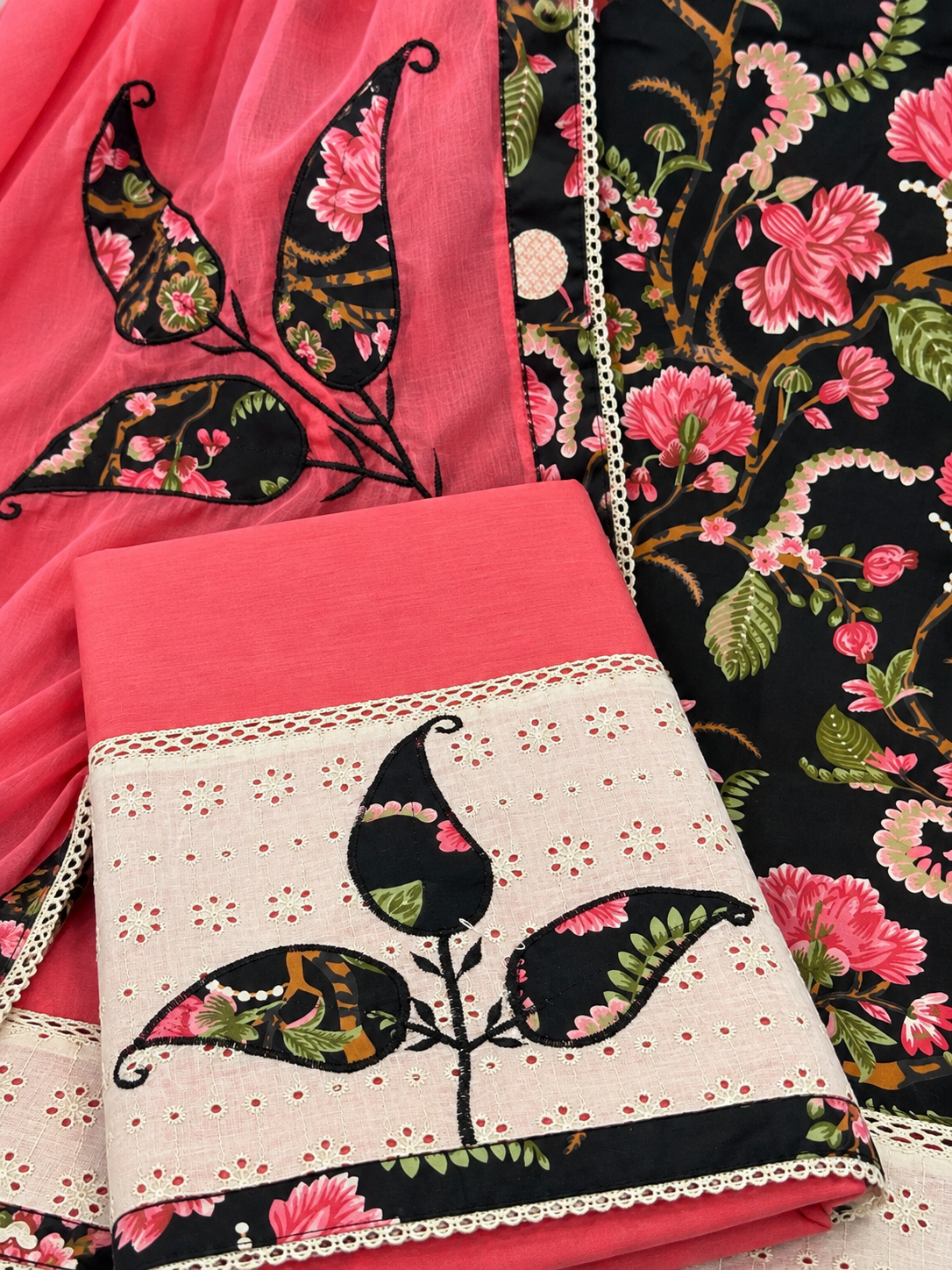 Pink & Black Cotton Digital Printed Unstitched Suit with Designer Dupatta | Floral Printed Cotton Suit Set