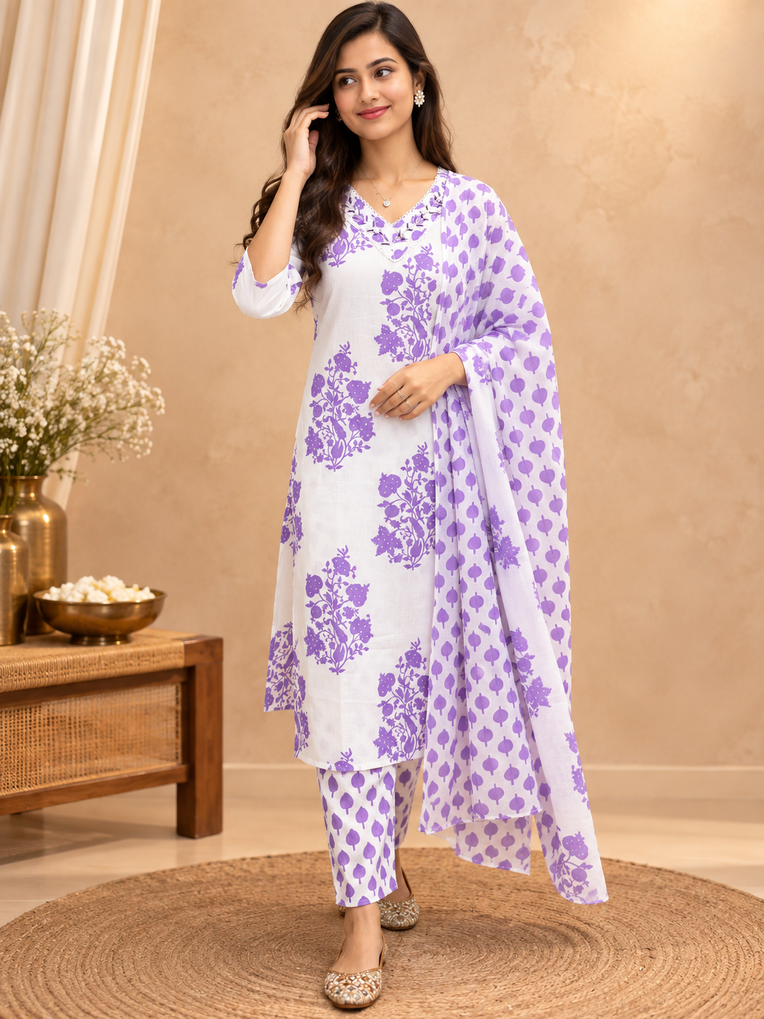 Purple & White Readymade Cotton Suit Set for Women | Floral Printed Kurta Pant with Dupatta