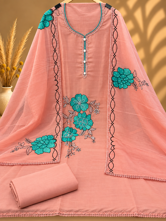 Peach Organza Silk Designer Unstitched Suit with Floral Embroidery & Dupatta | Premium Ethnic Suit Set