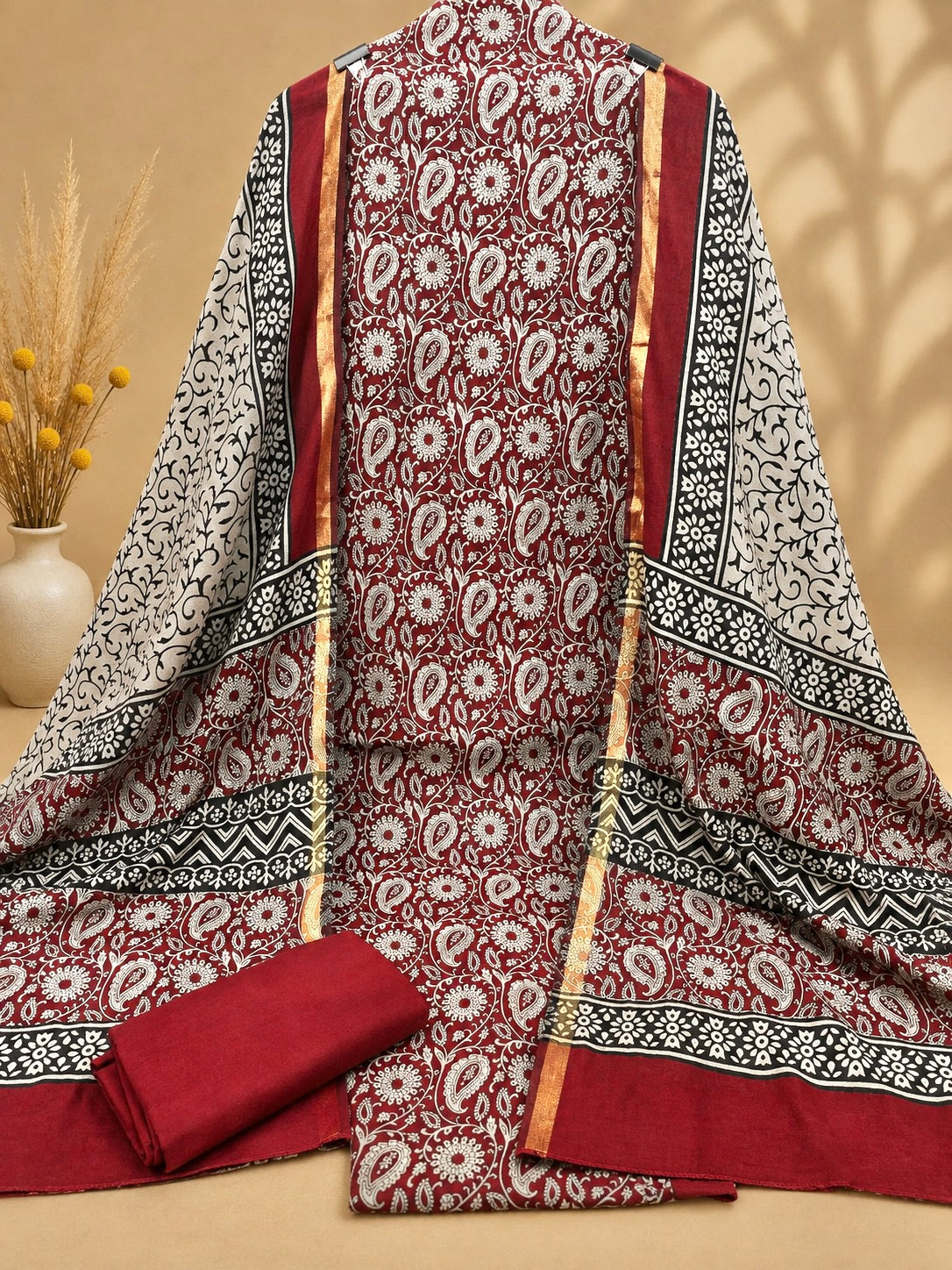 Premium Maheshwari Silk Suit with Traditional Paisley Print & Designer Border | Elegant Ethnic Suit for Women