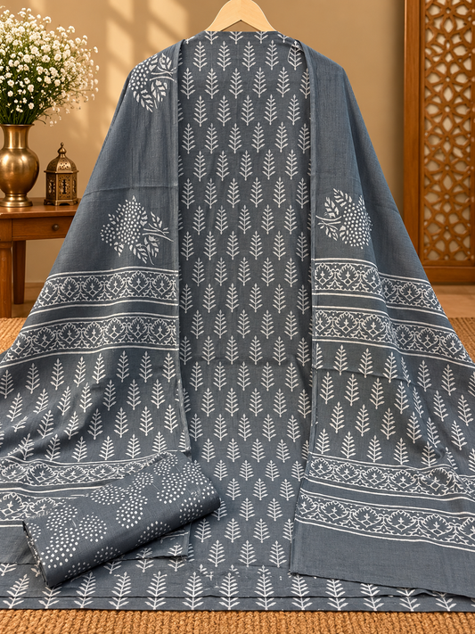 Jaipuri Block Printed Cotton Suit Set | Grey & White Hand Block Print Dress Material