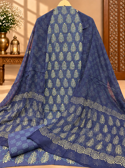 Indigo Block Printed Cotton Suit with Chiffon Dupatta | Elegant Printed Suit Set