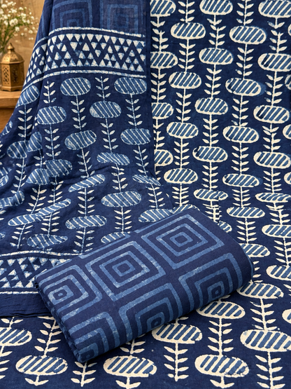 Premium Indigo Hand Block Printed Cotton Suit Set | Traditional Blue & White Floral Print Suit for Women