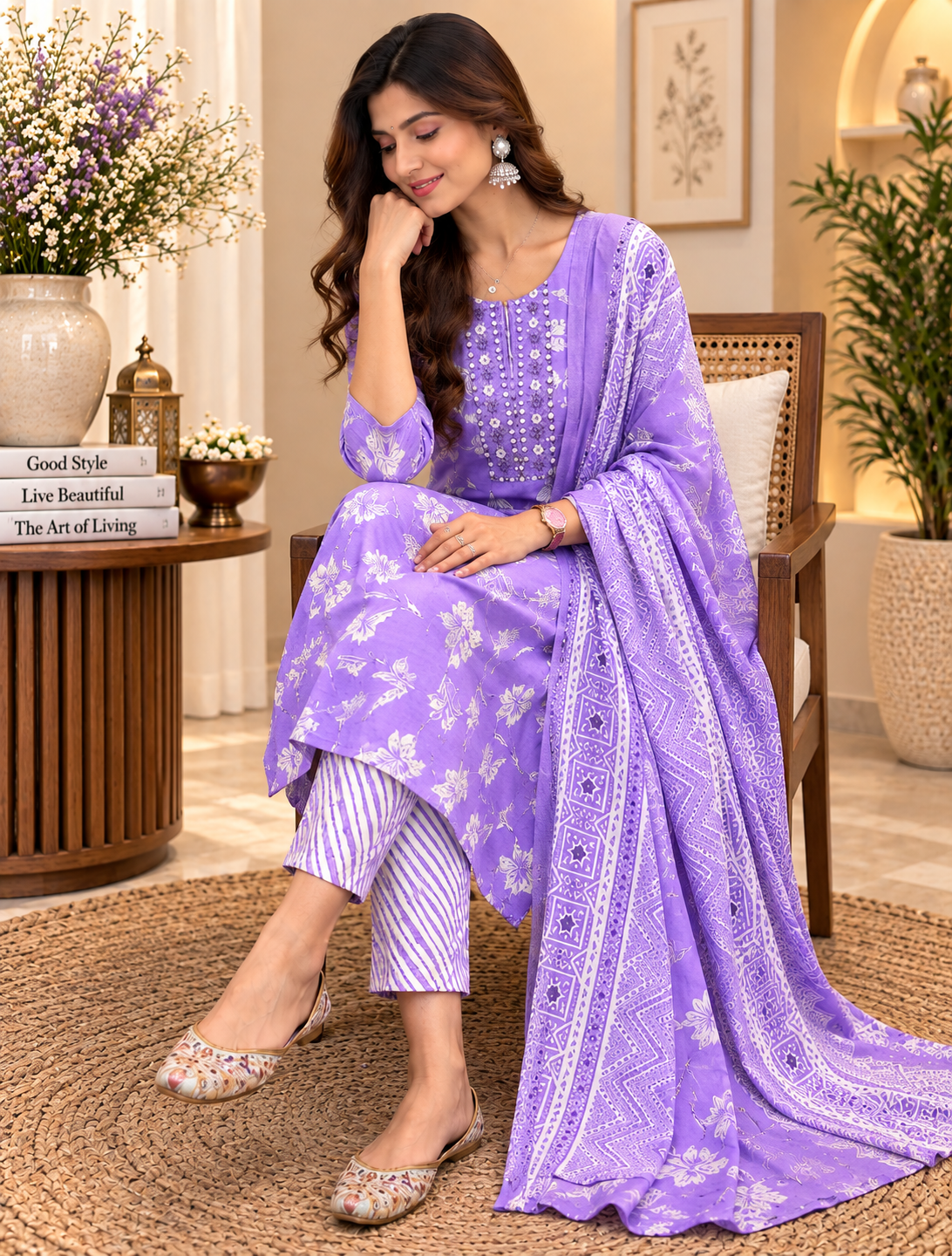 Purple Readymade Cotton Suit Set for Women | Floral Printed Kurta with Printed Dupatta