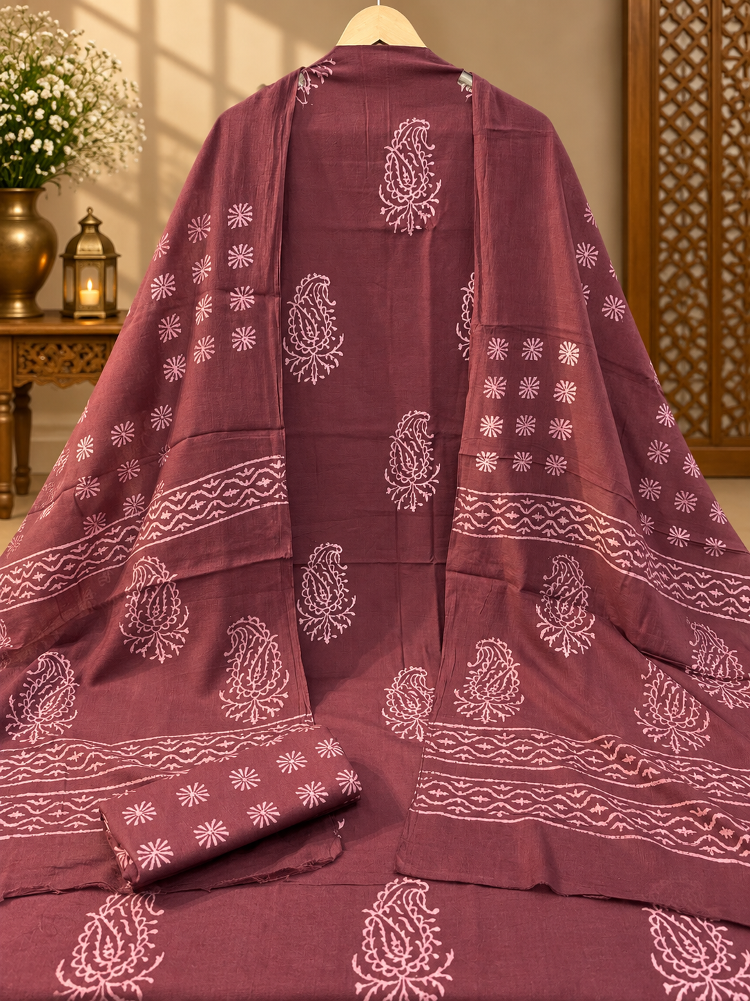 Mauve Brown Jaipuri Hand Block Printed Cotton Suit with Dupatta | Traditional Ethnic Wear