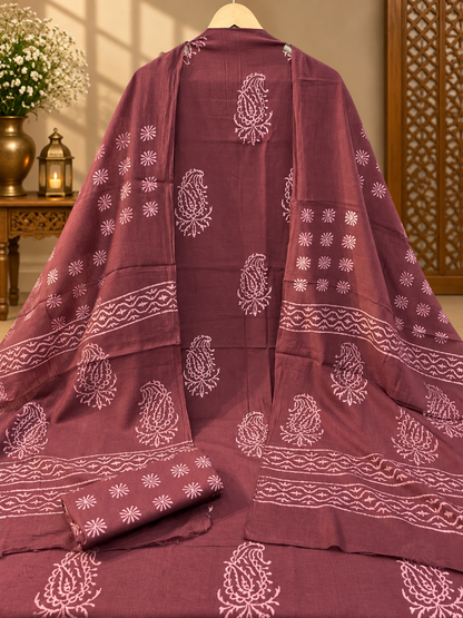 Mauve Brown Jaipuri Hand Block Printed Cotton Suit with Dupatta | Traditional Ethnic Wear