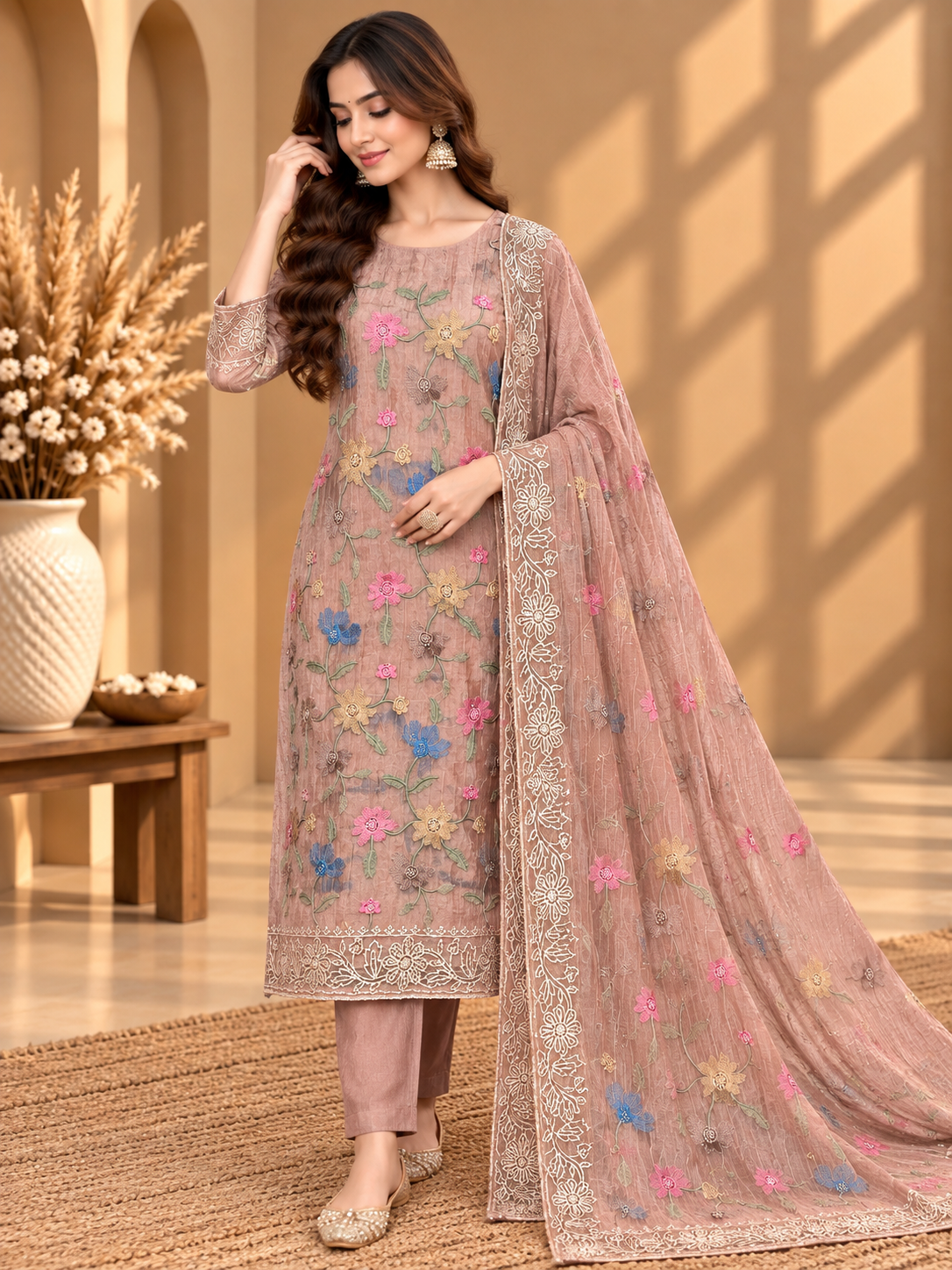 Premium Shimmer Tissue Suit with Multicolour Floral Embroidery & Designer Dupatta | Festive Wear for Women