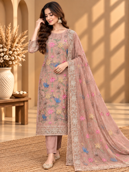 Premium Shimmer Tissue Suit with Multicolour Floral Embroidery & Designer Dupatta | Festive Wear for Women
