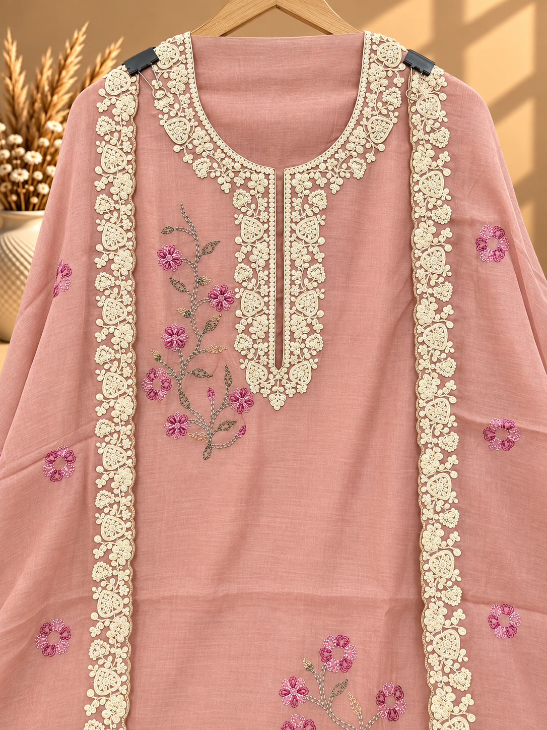 Peach Pure Mul Chanderi Designer Unstitched Suit with Floral Embroidery & Bird Motifs | Premium Ethnic Suit Set