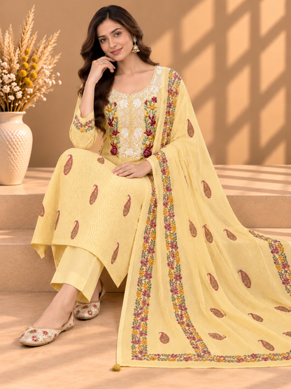 Pastel Yellow Designer Floral Embroidered Chanderi Silk Suit