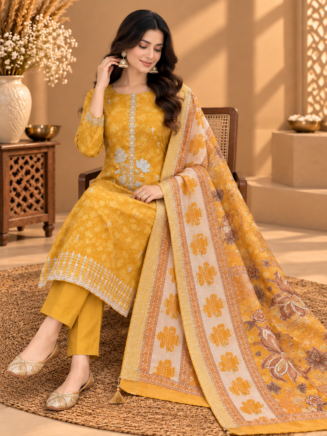 Mustard Yellow Floral Printed Embroidered Unstitched Suit for Women | Designer Ethnic Wear
