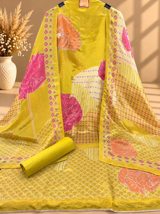 Yellow Shimmer Silk Digital Printed & Embroidered Unstitched Suit Set | Premium Designer Suit