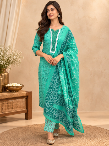 Green Readymade Cotton Suit for Women | Printed Cotton Kurta Set with Dupatta & Pants