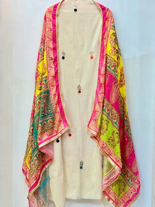 Self Cotton with Real Mirror Embroidery & Pompom Design