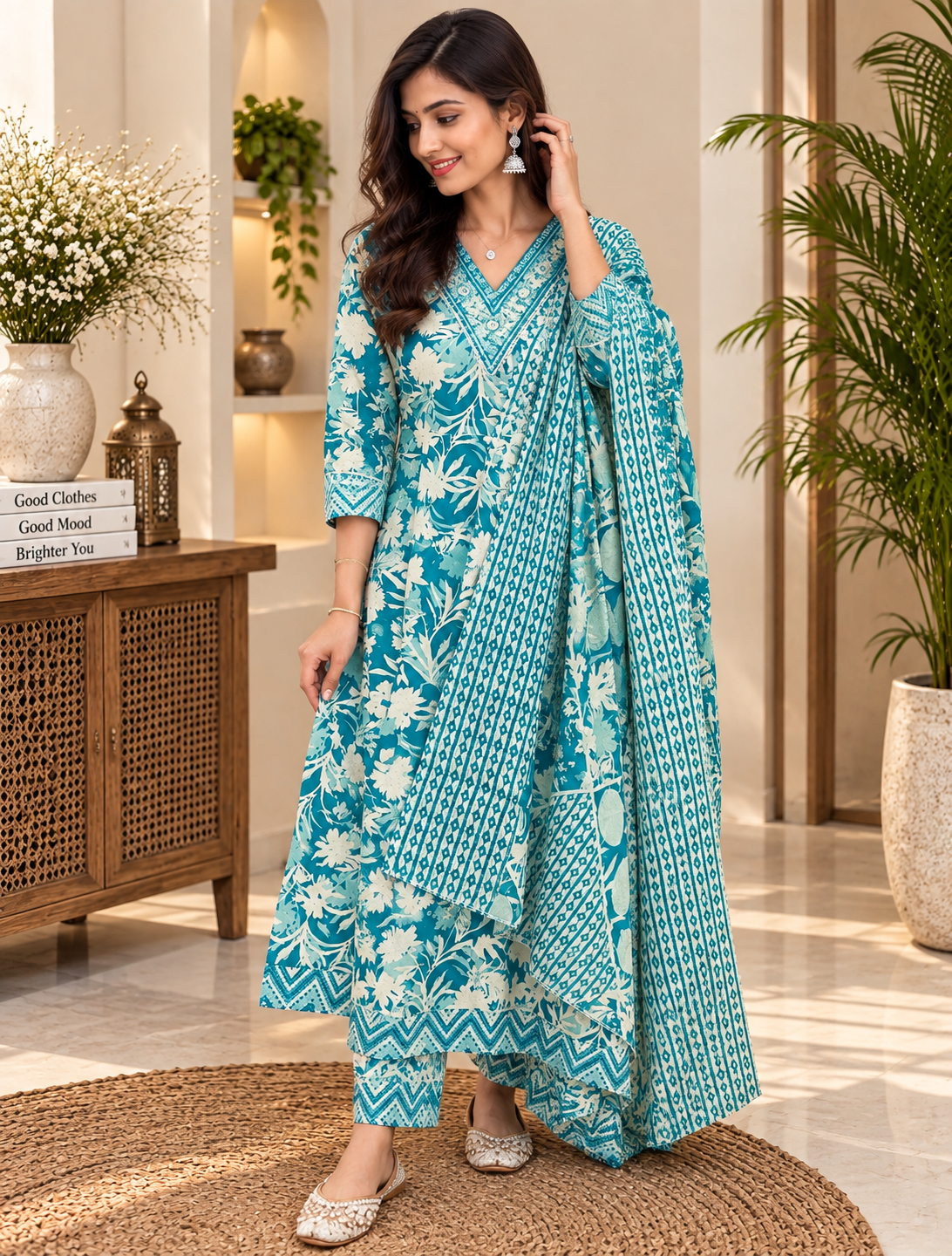 Teal Blue Readymade Flared Cotton Suit Set for Women | Printed Kurta with Dupatta