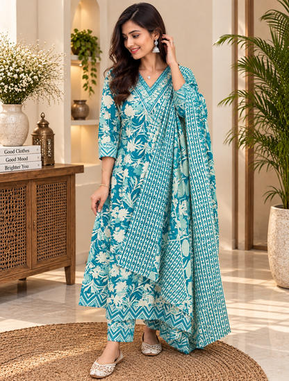 Teal Blue Readymade Flared Cotton Suit Set for Women | Printed Kurta with Dupatta