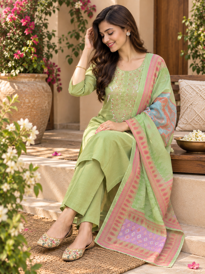 Shimmer Silk Readymade Suit Set for Women | Elegant Embroidered Kurta with Dupatta