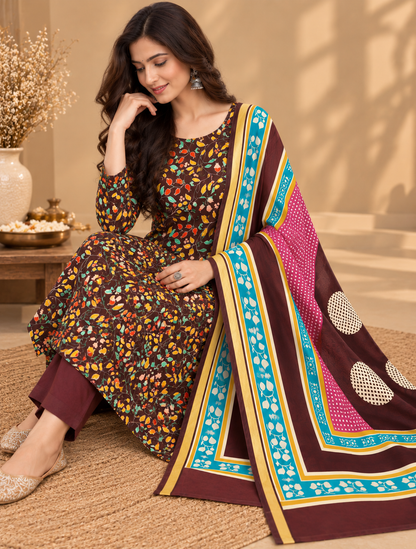 Premium Maheshwari Silk Suit with Multicolour Floral Print & Designer Border | Elegant Ethnic Wear for Women