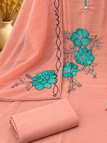 Peach Organza Silk Designer Unstitched Suit with Floral Embroidery & Dupatta | Premium Ethnic Suit Set
