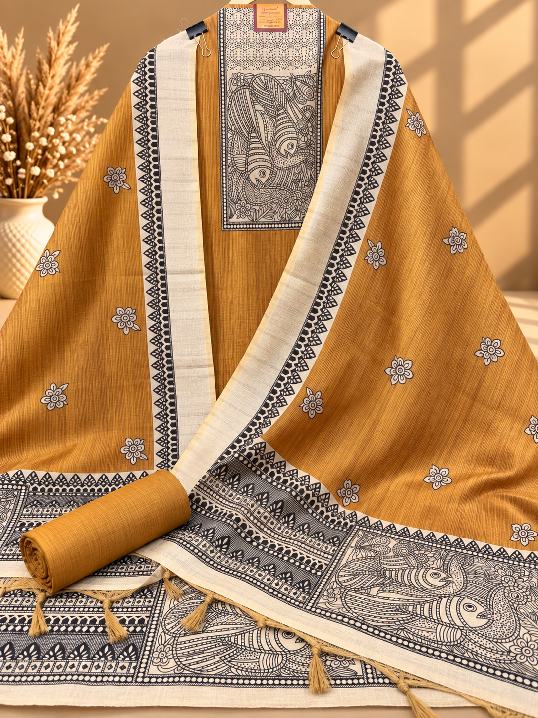 Mustard Silk Digital Printed Unstitched Suit with Madhubani Art Dupatta | Designer Ethnic Suit