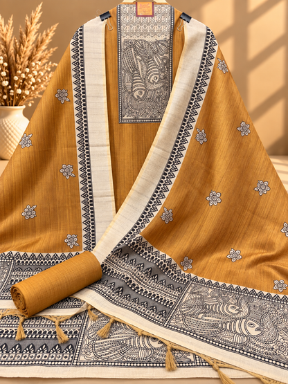 Mustard Silk Digital Printed Unstitched Suit with Madhubani Art Dupatta | Designer Ethnic Suit