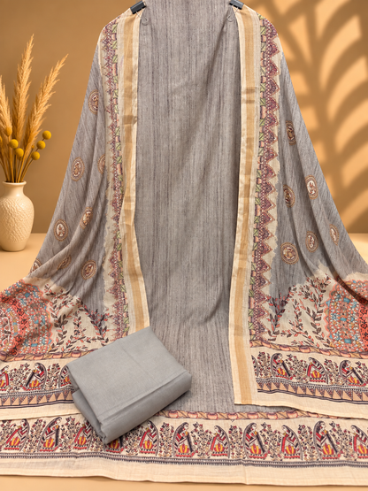 Grey Maheshwari Silk Unstitched Suit | Designer Printed Suit with Ethnic Border