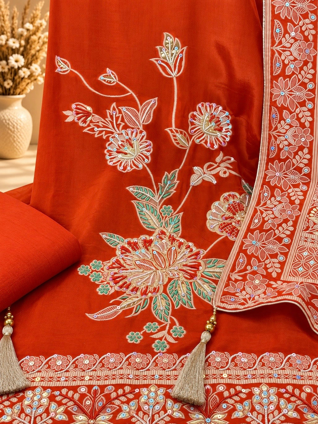 Beautiful Orange Embroidered Unstitched Suit | Floral Designer Suit for Women