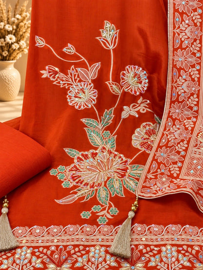 Beautiful Orange Embroidered Unstitched Suit | Floral Designer Suit for Women