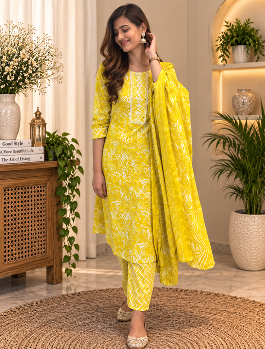 Yellow Readymade Cotton Suit Set for Women | Floral Printed Kurta with Dupatta