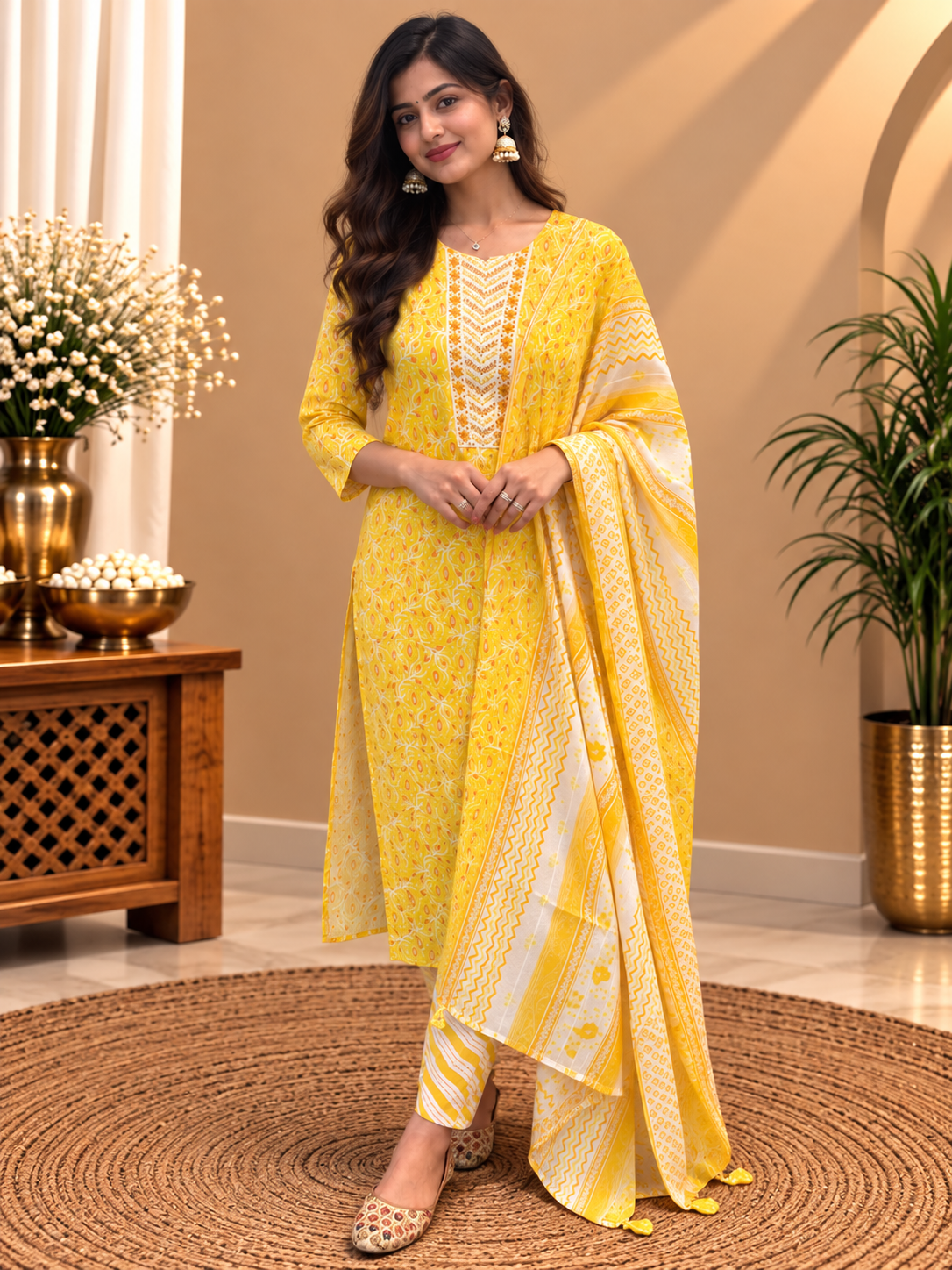 Yellow Readymade Cotton Suit Set for Women | Printed Kurta Pant with Dupatta