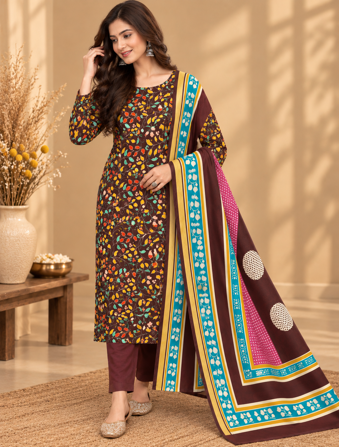 Premium Maheshwari Silk Suit with Multicolour Floral Print & Designer Border | Elegant Ethnic Wear for Women
