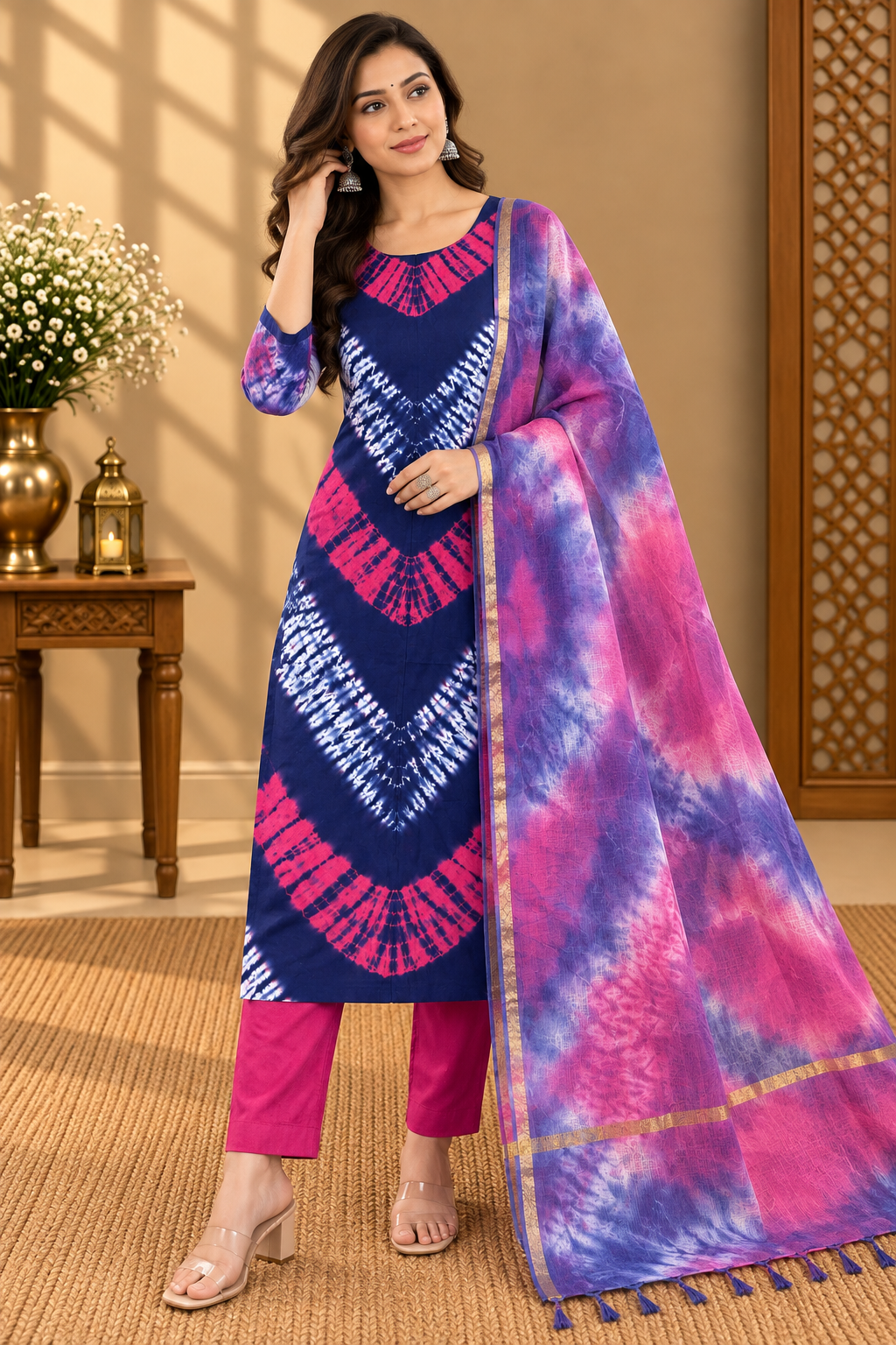 Navy Blue Shibori Print Suit with Kota Doria Dupatta | Handcrafted Ethnic Suit Set