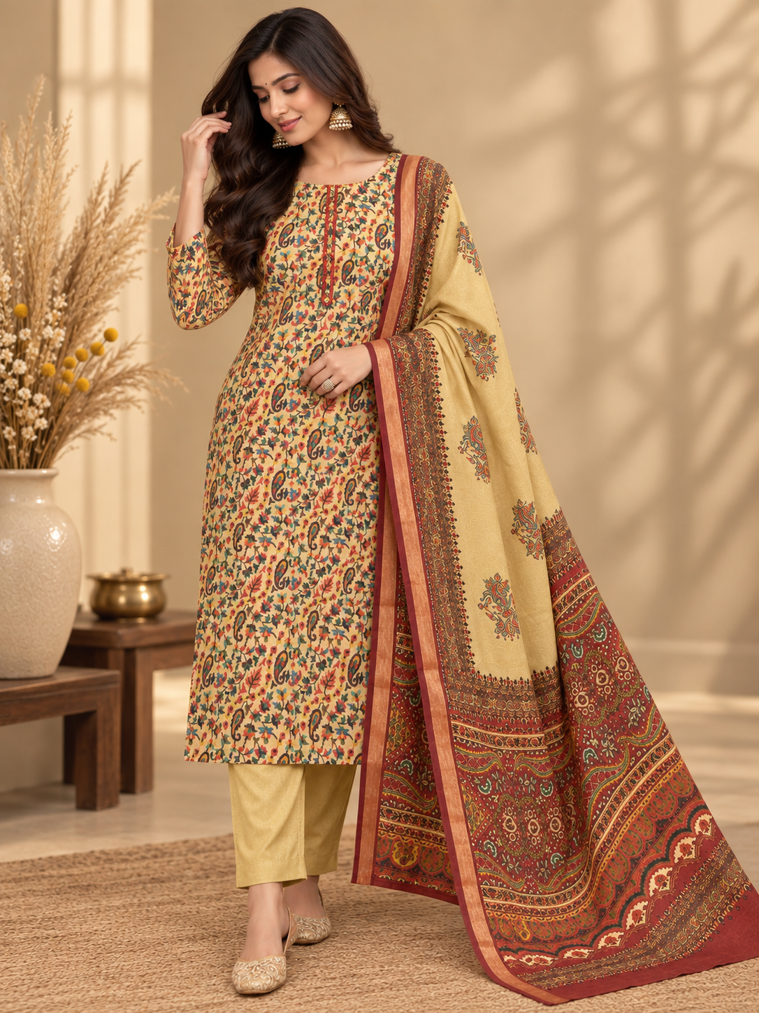 Premium Maheshwari Silk Suit with Traditional Floral & Paisley Print | Designer Silk Suit for Women