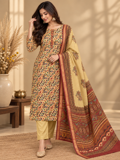 Premium Maheshwari Silk Suit with Traditional Floral & Paisley Print | Designer Silk Suit for Women