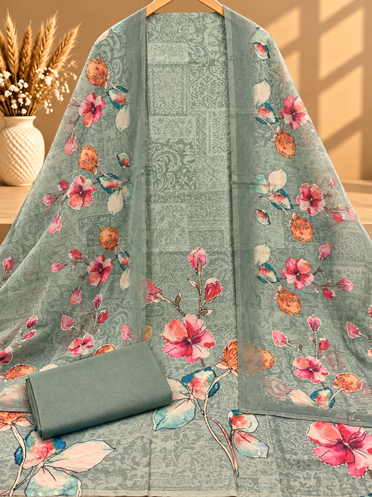 Sage Green Floral Printed Unstitched Suit for Women | Elegant Designer Ethnic Wear