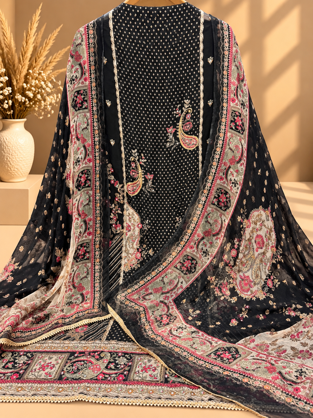 Black Digital Printed Unstitched Suit with Designer Paisley Dupatta | Premium Ethnic Suit Set
