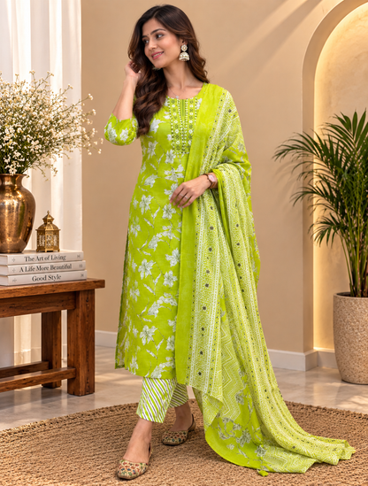 Green Readymade Cotton Suit Set for Women | Floral Printed Kurta with Dupatta