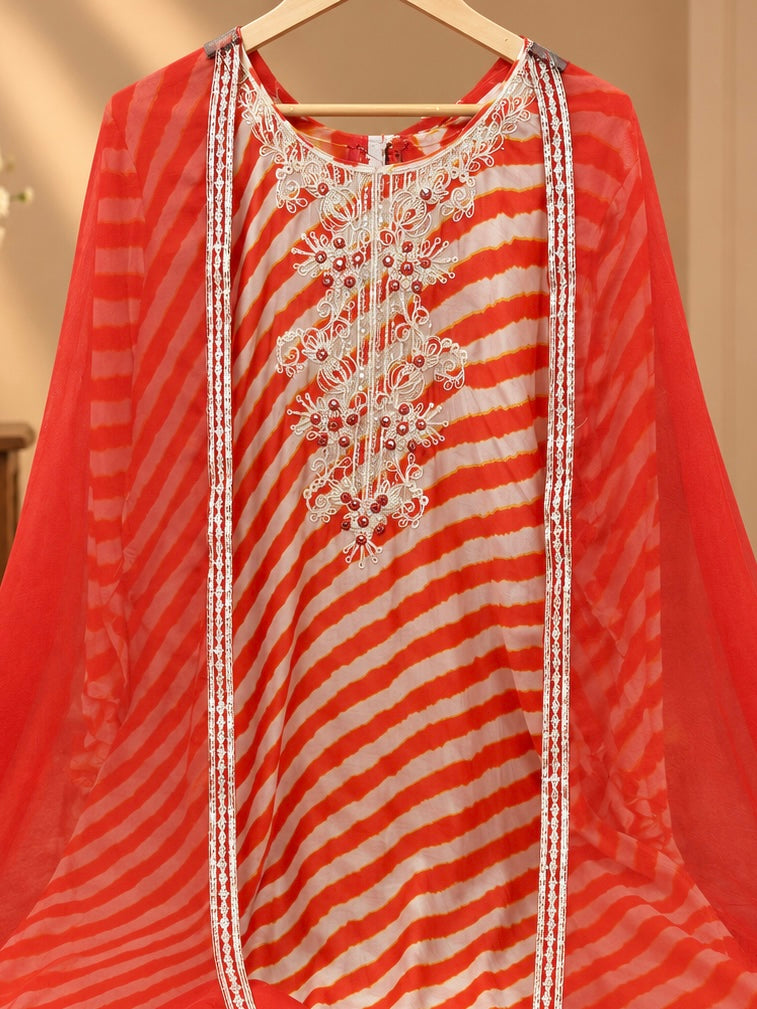 Premium Muslin Suit with Embroidered Neckline & Dupatta | Orange Printed Muslin Suit for Women