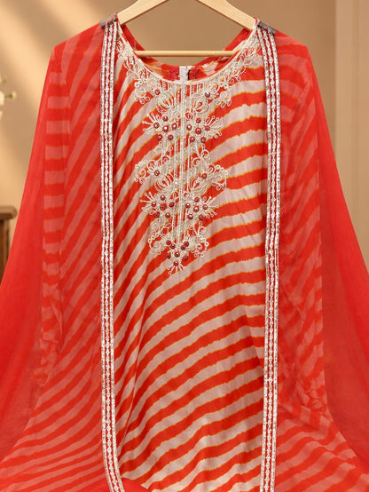 Premium Muslin Suit with Embroidered Neckline & Dupatta | Orange Printed Muslin Suit for Women