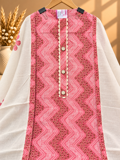 Pink & White Cotton Digital Printed Unstitched Suit with Designer Neckline & Dupatta | Premium Ethnic Suit Set