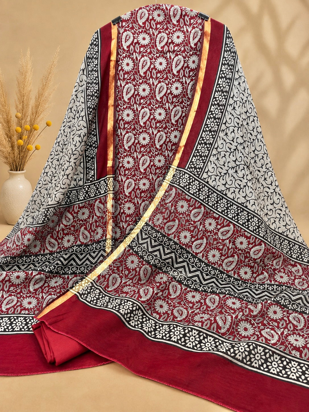Premium Maheshwari Silk Suit with Traditional Paisley Print & Designer Border | Elegant Ethnic Suit for Women