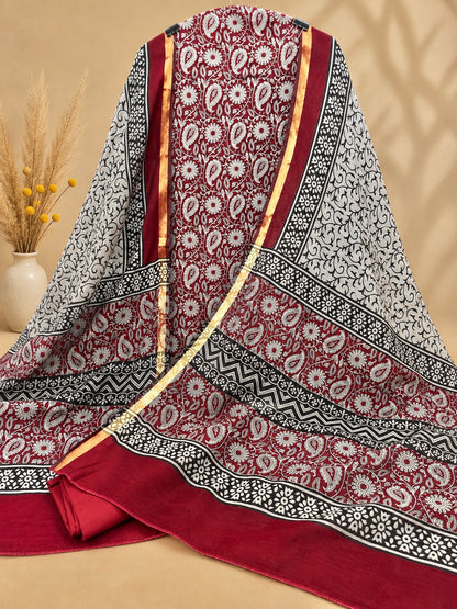 Premium Maheshwari Silk Suit with Traditional Paisley Print & Designer Border | Elegant Ethnic Suit for Women