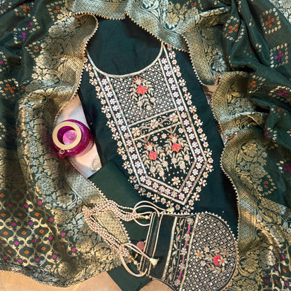Embroidered Bottle Green Chanderi Suit (Teej Special Offer )