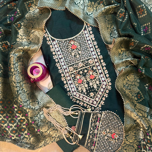 Embroidered Bottle Green Chanderi Suit (Teej Special Offer )