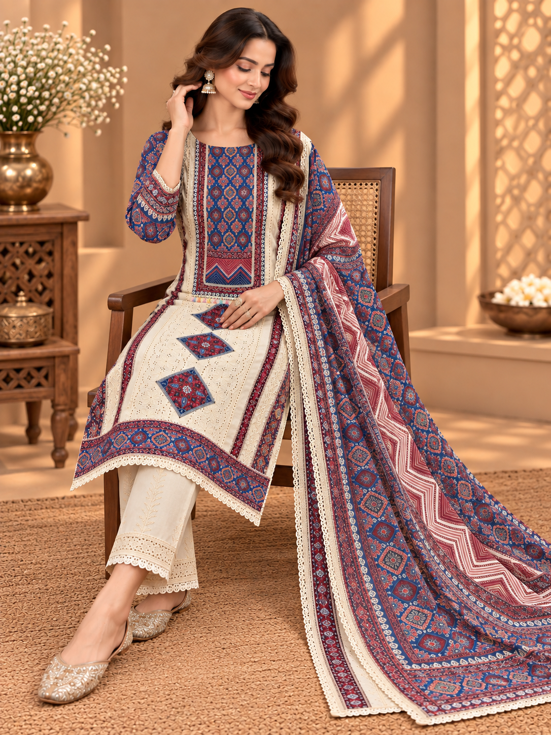 Premium Cotton Hakoba Suit with Ethnic Print, Designer Lace & Embroidered Detailing | Cotton Suit Set for Women