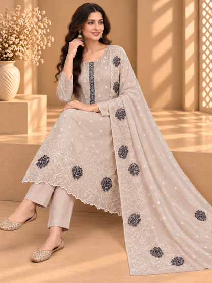 Ivory Jamdani Embroidered Suit | Floral Embroidery Designer Unstitched Suit for Women