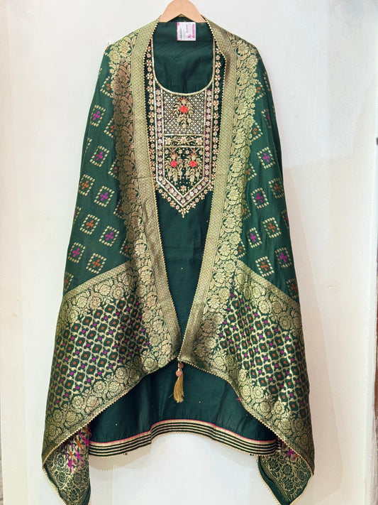 Embroidered Bottle Green Chanderi Suit (Teej Special Offer )