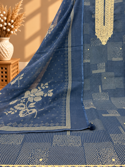 Navy Blue Linen Digital Printed Unstitched Suit with Embroidered Neckline & Dupatta | Designer Ethnic Suit