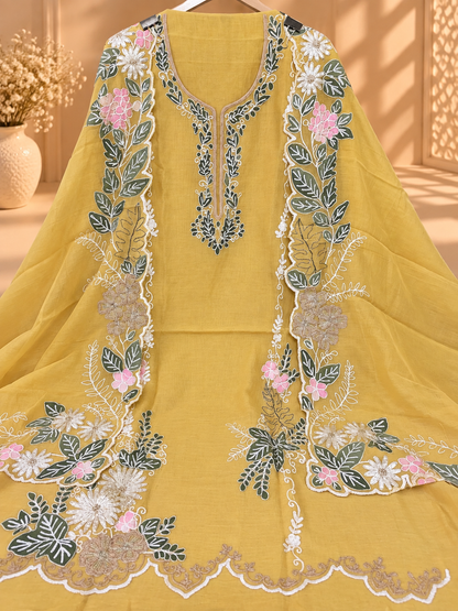 Mustard Yellow Pure Mul Chanderi Embroidered Suit | Floral Designer Unstitched Suit for Women
