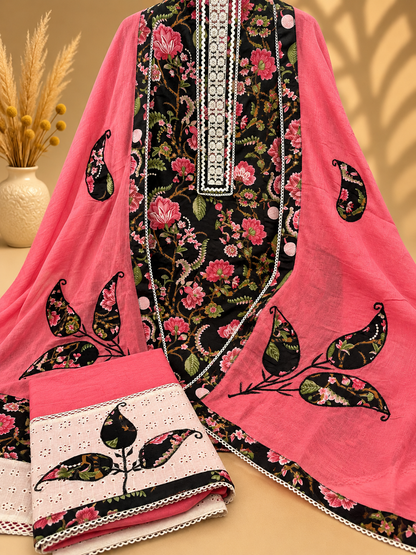 Pink & Black Cotton Digital Printed Unstitched Suit with Designer Dupatta | Floral Printed Cotton Suit Set